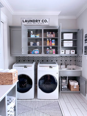 Laundry room organized with bins, baskets and drawers