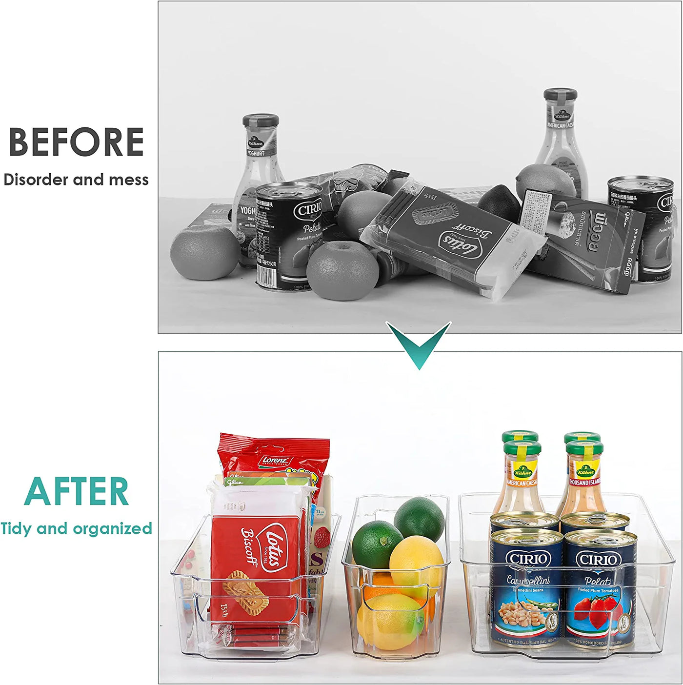 Narrow fridge bin before & after