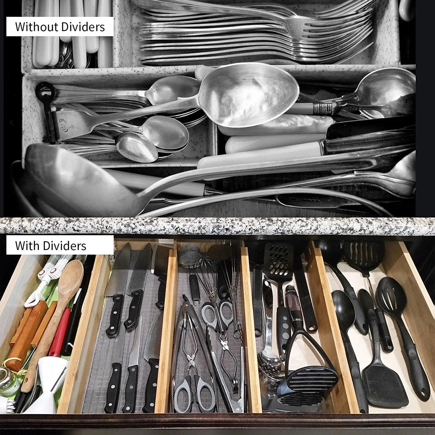 Bamboo drawer organizers in a kitchen drawer