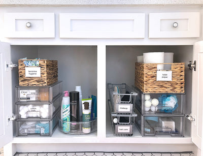 Multiple water hyacinth baskets used in bathroom organization