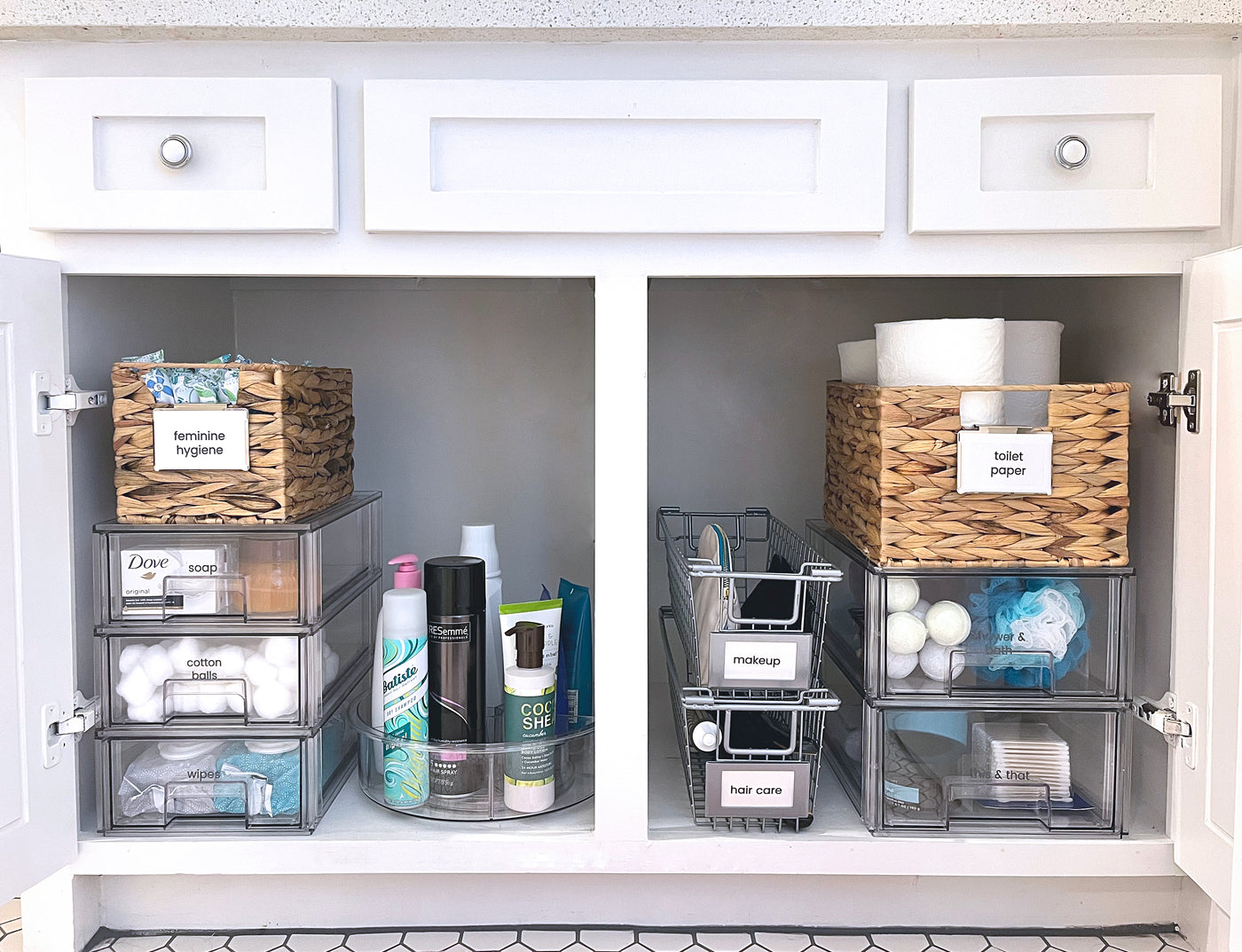 Large & small stacker drawers organizing a bathroom