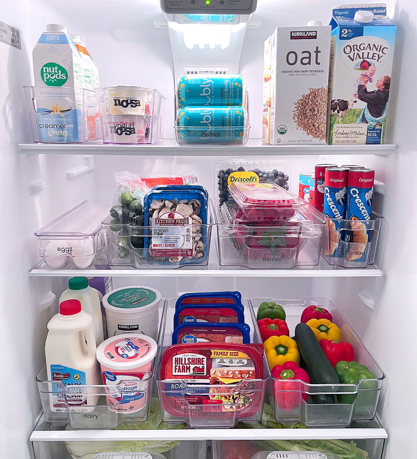 Multiple fridge bins used to organize a fridge