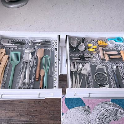 Two drawers organized with the small kitchen organization pack