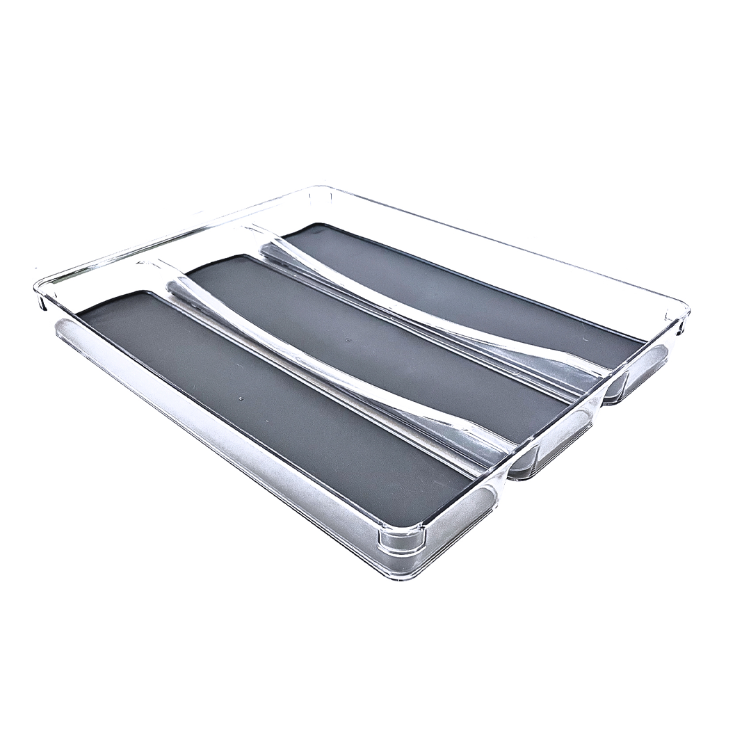 Oba Method Drawer Organizer, 3 Compartment, Non Skid, Clear Acrylic with  Grey Rubber, 13 x 16 x 2, Home Organization