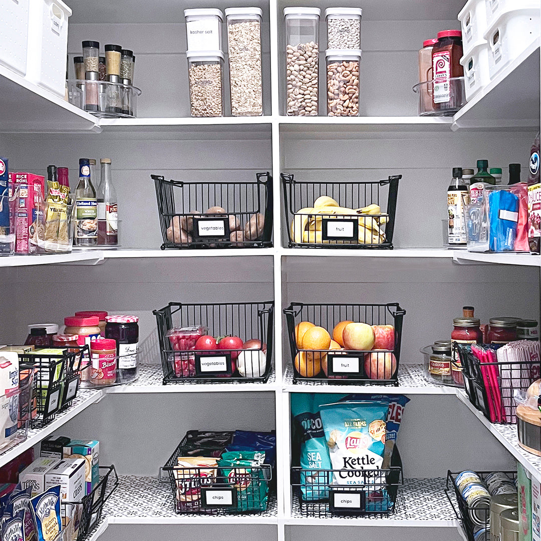 Large pantry with open market baskets