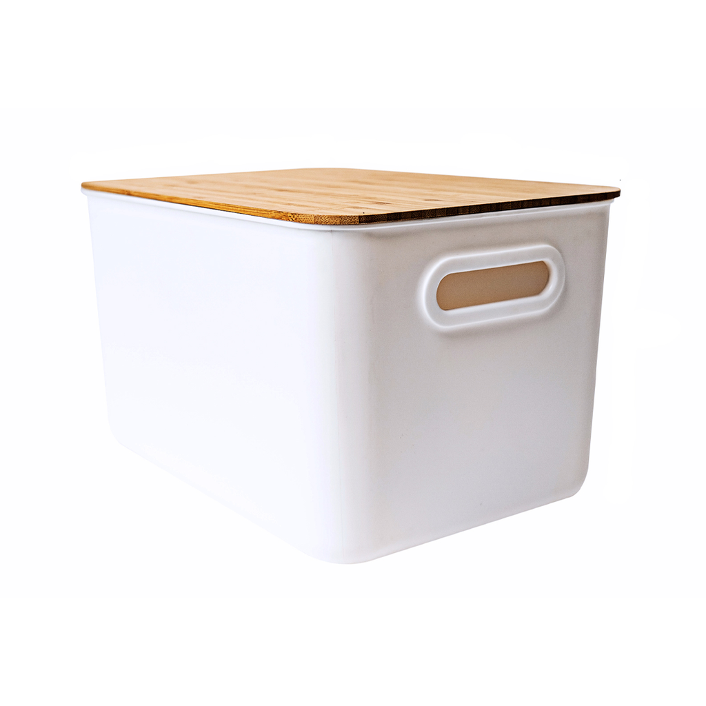 Oba Method Storage Bin with Bamboo Lid, White Plastic, Large/Short, 10.5 x 15 x 3.25, Home Organization