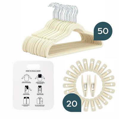 Velvet hangers, hanger clips and folding board in cream