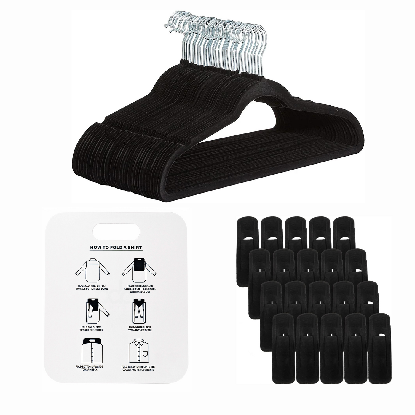 Velvet hangers and clips in black with a folding board