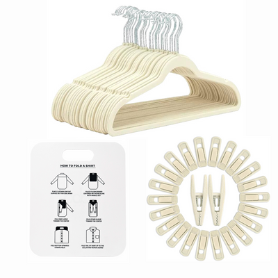 Velvet hangers and clips in cream with a folding board