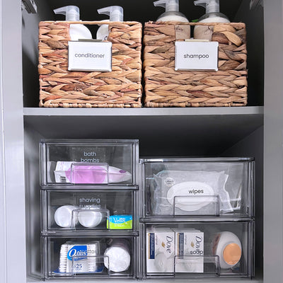 Water hyacinth baskets used in bathroom organization