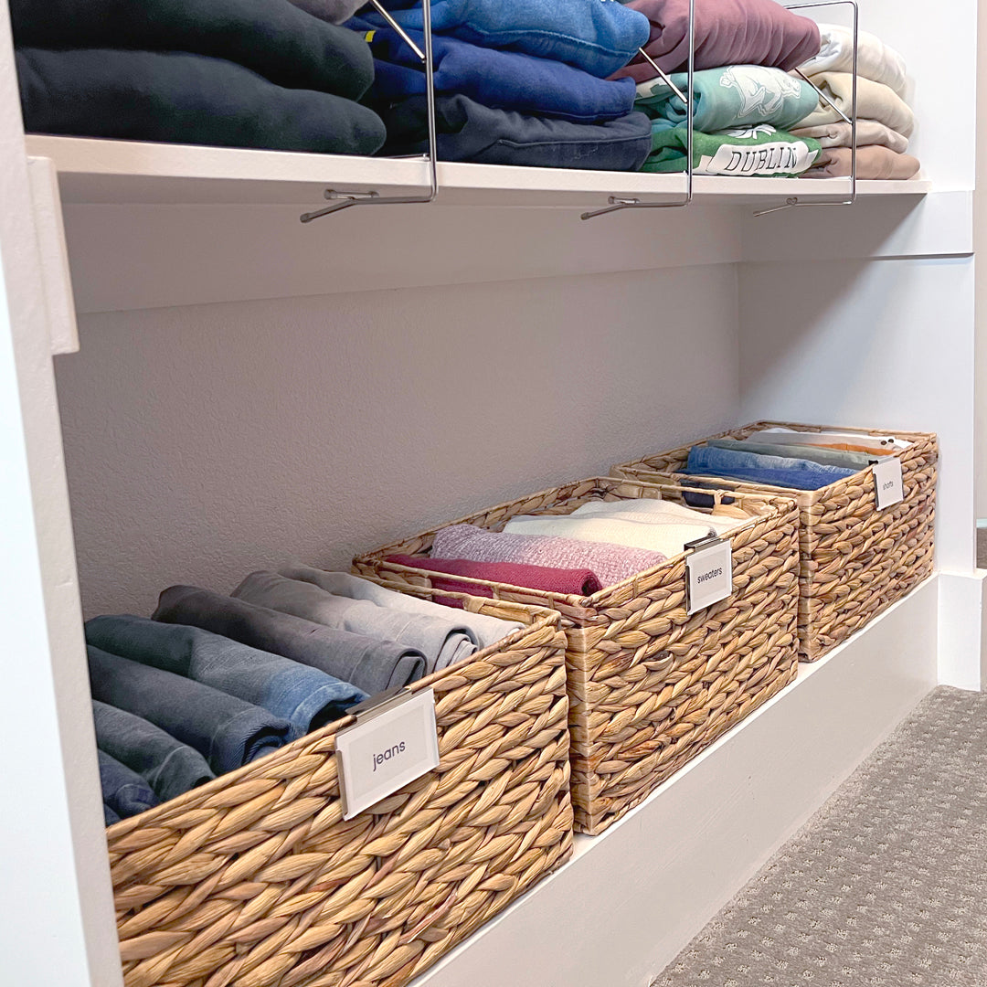 Multiple water hyacinth baskets used in closet organization