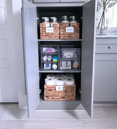 Bathroom organized with Water Hyacinth Baskets