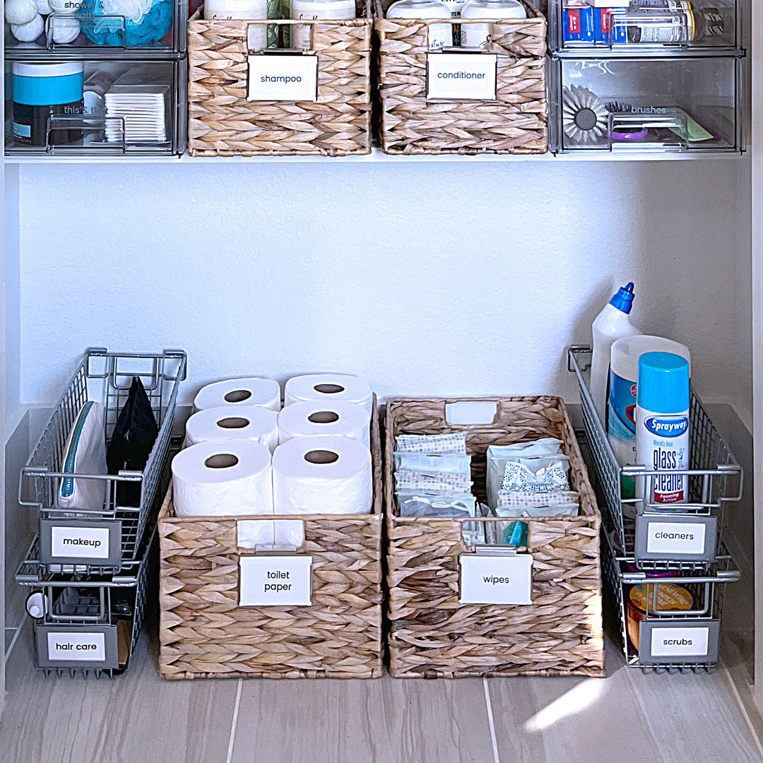 Multiple water hyacinth baskets used in bathroom organization