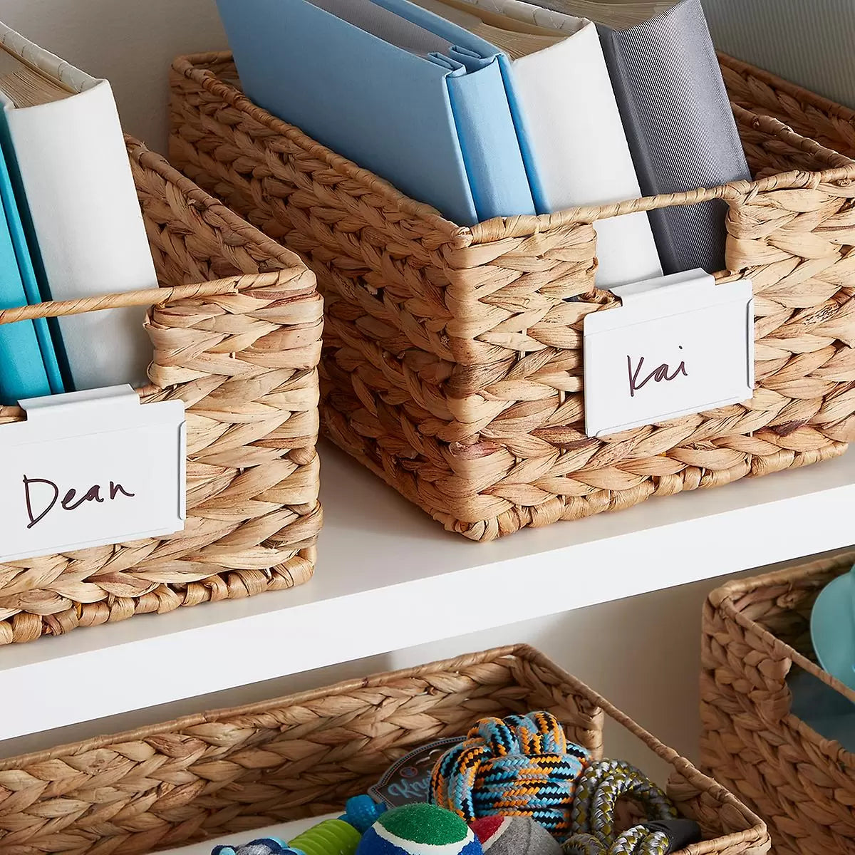 Water hyacinth baskets with label clips